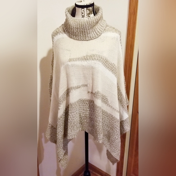 Midnight Velvet Beige White Turtleneck Waffle Knit Shawl Poncho Wrap One Size - Picture 7 of 8